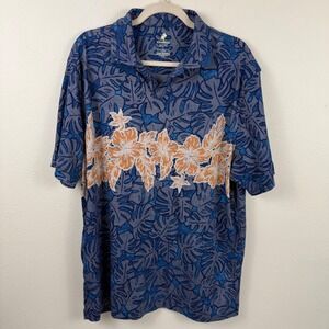Caribbean Supima Mens Large Blue Orange‎ Monstera Hibiscus Tropical Polo Shirt